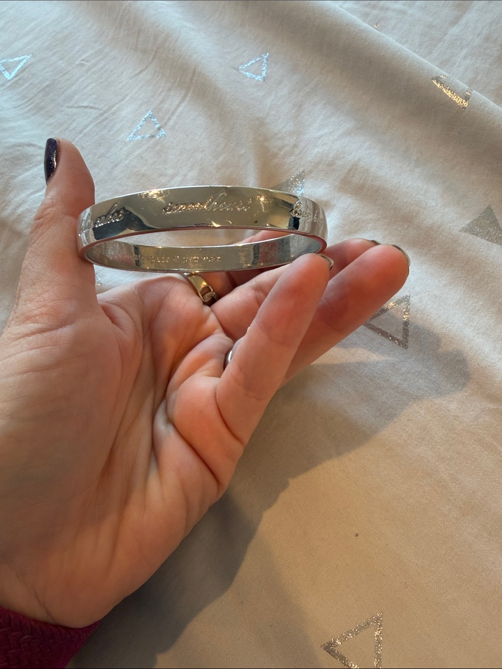 Kate Spade “be mine” Idiom Silver Engraved Metal Bangle Bracelet